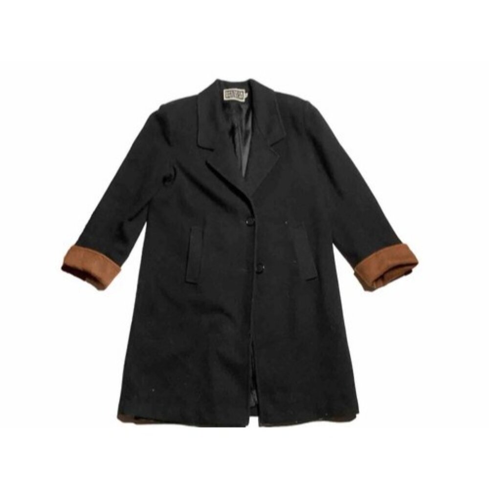 Vintage Spencer Douglas Pea Coat Black Tan Wool Long Size 10 With Shoulder Pads